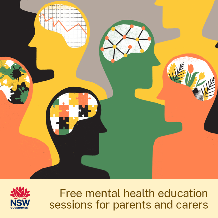 Graphic of head silhouettes with puzzles, gardens and graphs to represent mental health and wellbeing