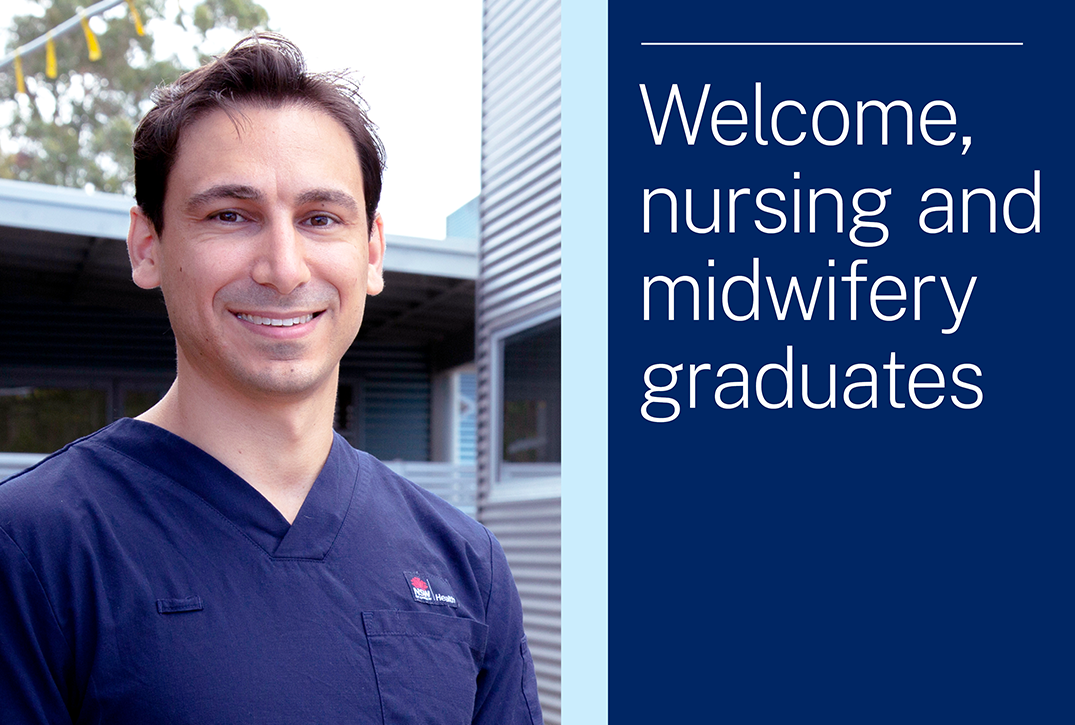 Nurse in navy scrubs outside with text "Welcome, nursing and midwifery graduates"