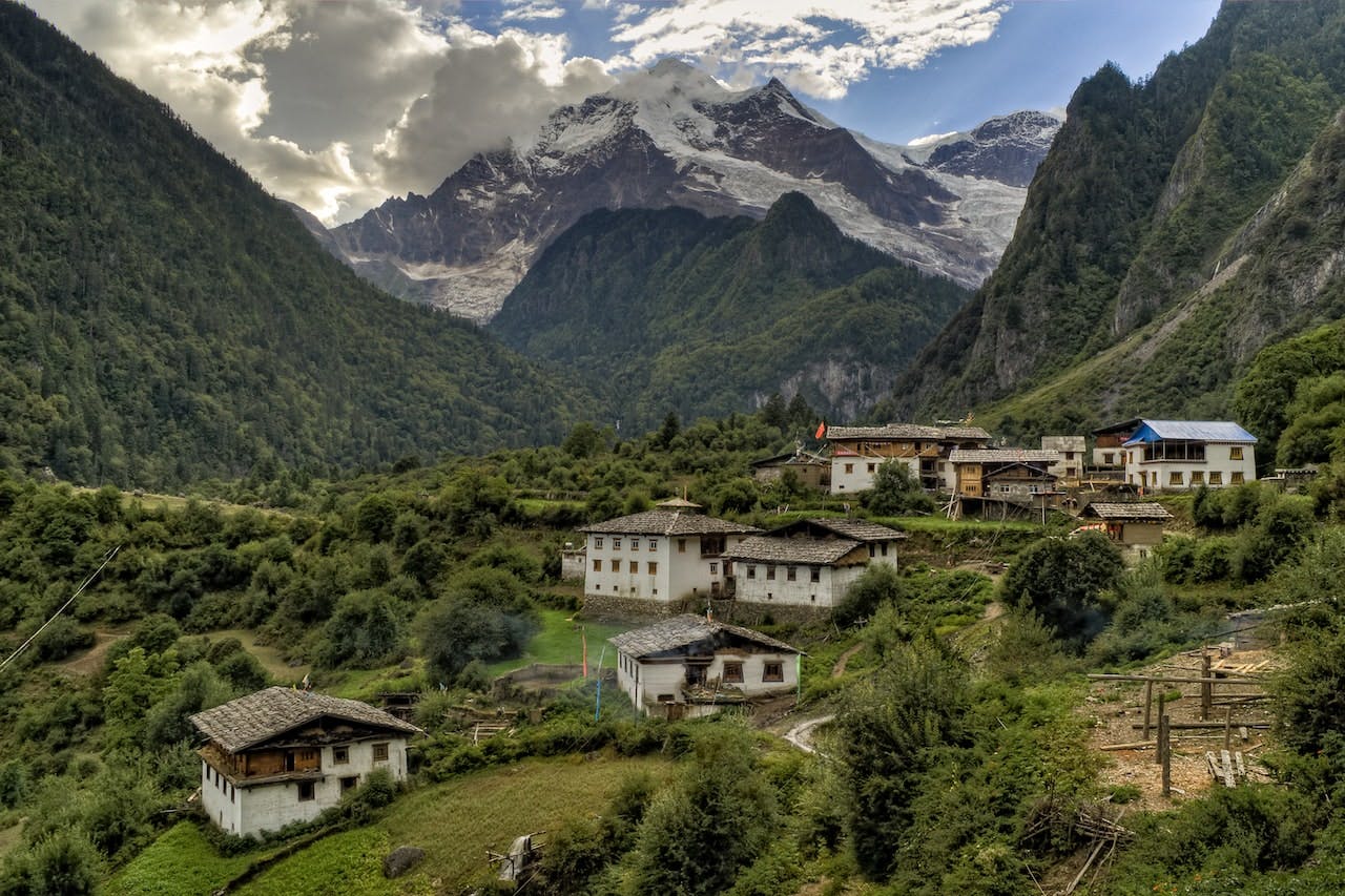 Village at the base of mountains